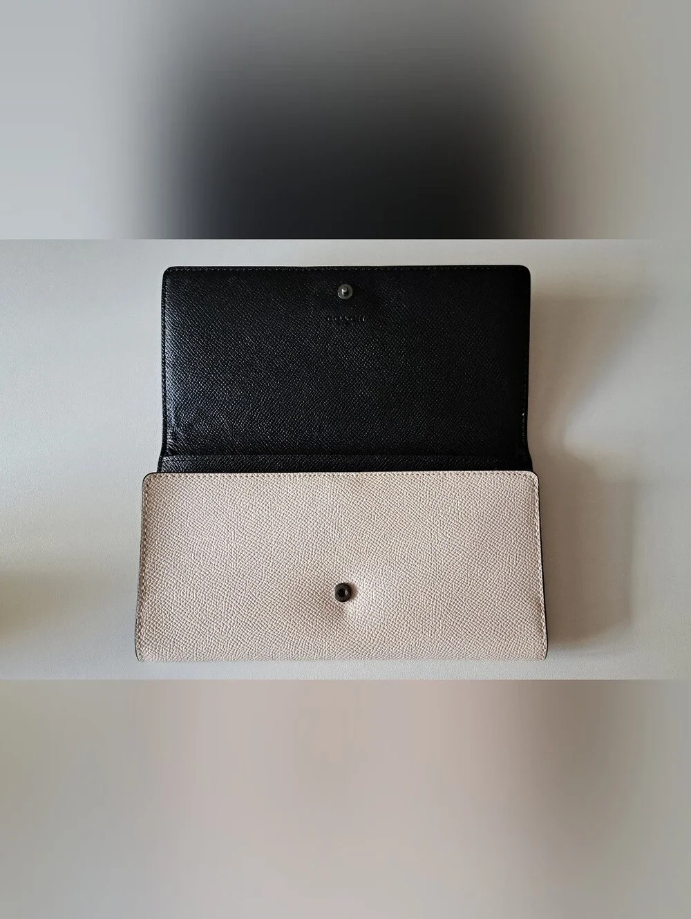 Coach Two-Tone Pebbled Leather Wallet — Tan and White